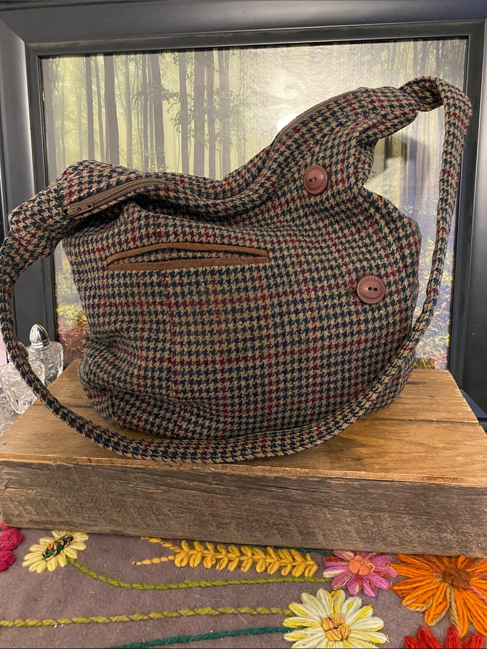 Hand Crafted Multicolor Houndstooth Shoulder Bag - Brown, Green, Red, Black